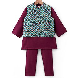 Babyhug 100% Cotton Full Sleeves Kurta Payjama Set With Waistcoat Kite Print - Purple & Blue - Image 15