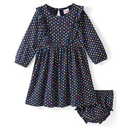 Babyhug 100% Cotton Knit Full Sleeves Frock & Bloomer With Polka Dots Print - Navy Blue - Image 15
