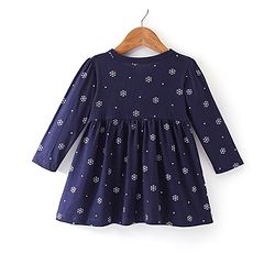 Babyhug 100% Cotton Knit Full Sleeves Frock With Bloomer With Winter Theme Print - Navy Blue - Image 3