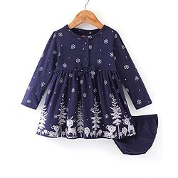 Babyhug 100% Cotton Knit Full Sleeves Frock With Bloomer With Winter Theme Print - Navy Blue - Image 7