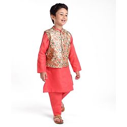 Babyhug 100% Cotton Knit Full Sleeves Kurta Pyjama Set with Printed Jacket - Peach - Image 41
