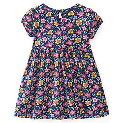 Babyhug 100% Cotton Knit Half Sleeves Frock with Bloomer Floral Print - Navy Blue - Image 8