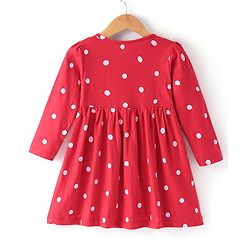 Babyhug Cotton Knit Full Sleeves Frock with Bloomer  Polka Dots Printed & Bow Applique - Red - Image 9