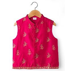 Babyhug Cotton Woven Full Sleeves Kurta Dhoti Set with Borcade Jacket & Floral Embroidery - Teal Blue - Image 3