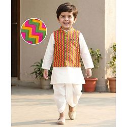 Babyhug Cotton Woven Full Sleeves Kurta Dhoti Set with Jacket & Aztec Design - White - Image 34