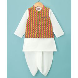 Babyhug Cotton Woven Full Sleeves Kurta Dhoti Set with Jacket & Aztec Design - White - Image 46