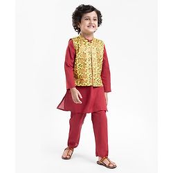 Babyhug Cotton Woven Full Sleeves Solid Kurta & Pajama Set with Floral Print Jacket - Red & Yellow - Image 11