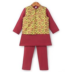 Babyhug Cotton Woven Full Sleeves Solid Kurta & Pajama Set with Floral Print Jacket - Red & Yellow - Image 12
