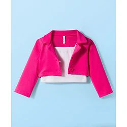 Babyhug Scuba Woven Full Sleeves Solid Jacket & Skirt With Inner Top - Dark Pink - Image 12