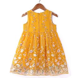 Babyhug Woven Sequinned Floral Embroidered Frock with Three Fourth Sleeves Net Jacket -Yellow - Image 3