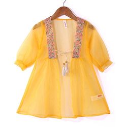 Babyhug Woven Sequinned Floral Embroidered Frock with Three Fourth Sleeves Net Jacket -Yellow - Image 4